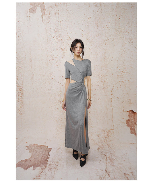Deconstructed Openwork Knit Maxi Dress Grey