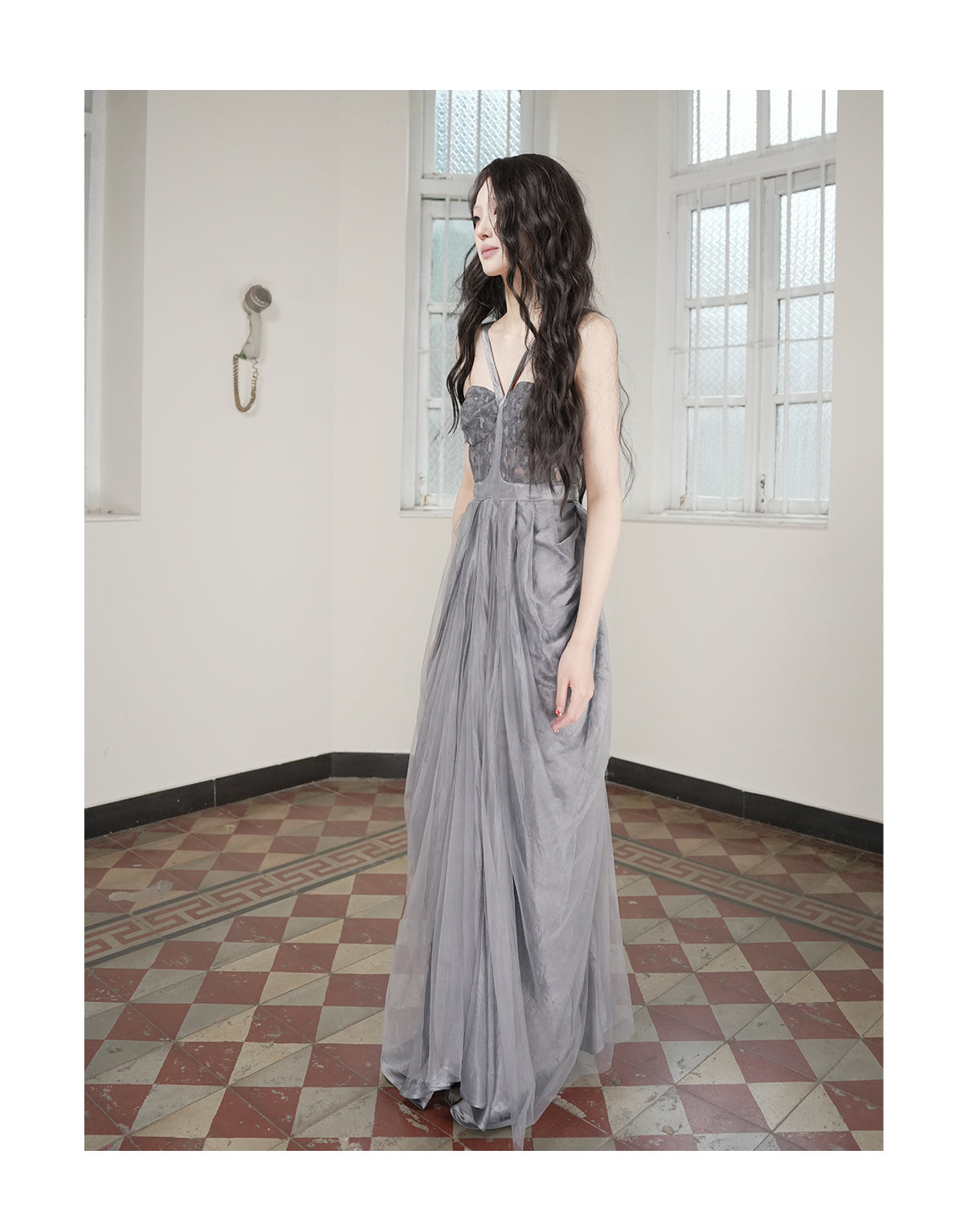 Hollow Floral Vase Dress Tea-Dyed Ash Blue