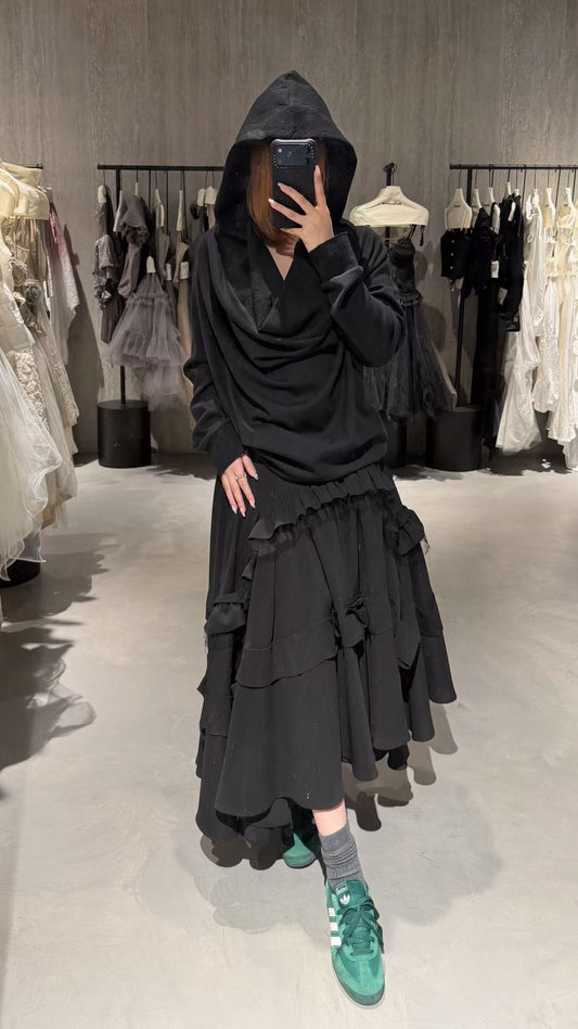 Multi-Way Hooded Scoop Neck Knit Top - Black