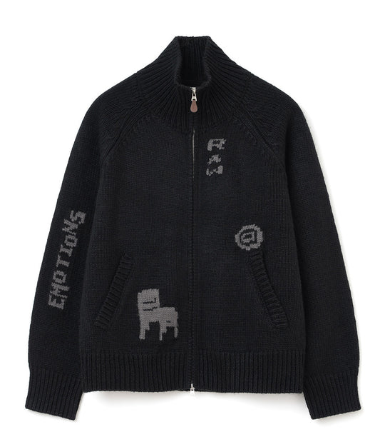 Raw Intarsia Cowichan Knit Zip-Up Black