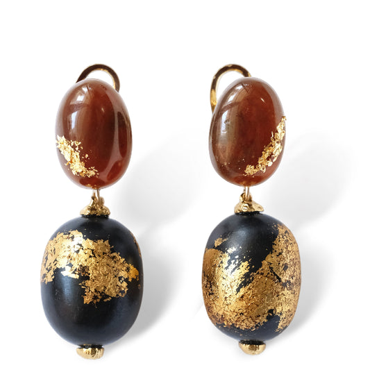 Lacquered Gold Snow Earring Amber Ebony Lacquer Gold Leaf Oval