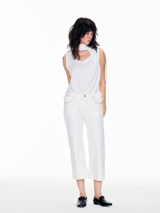 V-NECK LOW WAIST LONG LEG CROPPED JEANS