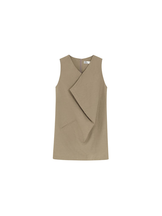 Draped Collar Linen-Blend Short Dress