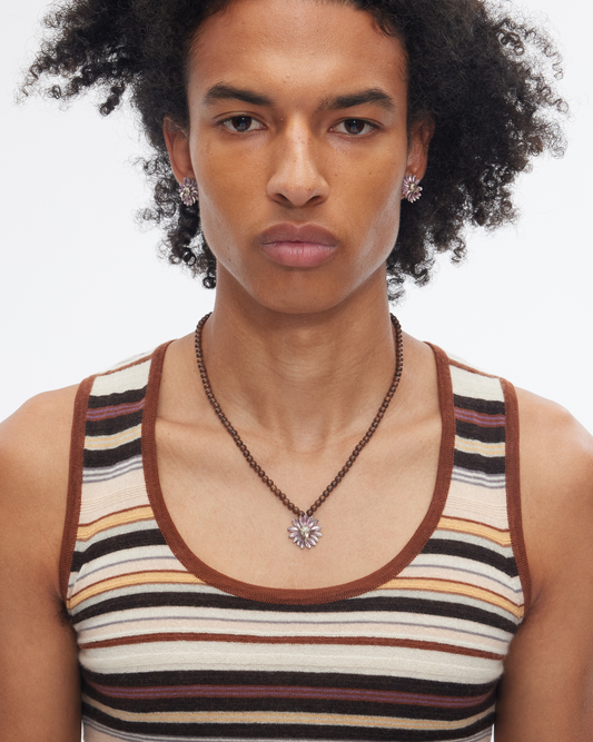 Inverted Daisy Pendant Necklace with Wooden Beads (Translucent Pink Enamel)