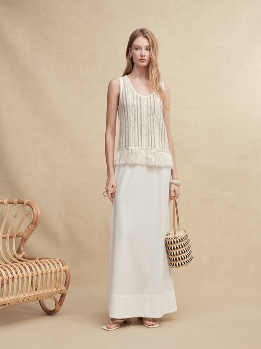 Mixed Silk-Lace Tassel Trim Knit Top