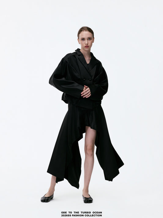 ODE TO THE TURBID OCEAN Textured Ruffled Black Glossy 3D Cropped Jacket