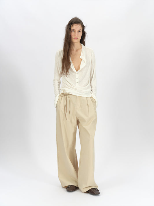 Bicolor-Belted Cotton Wide-Leg Pants
