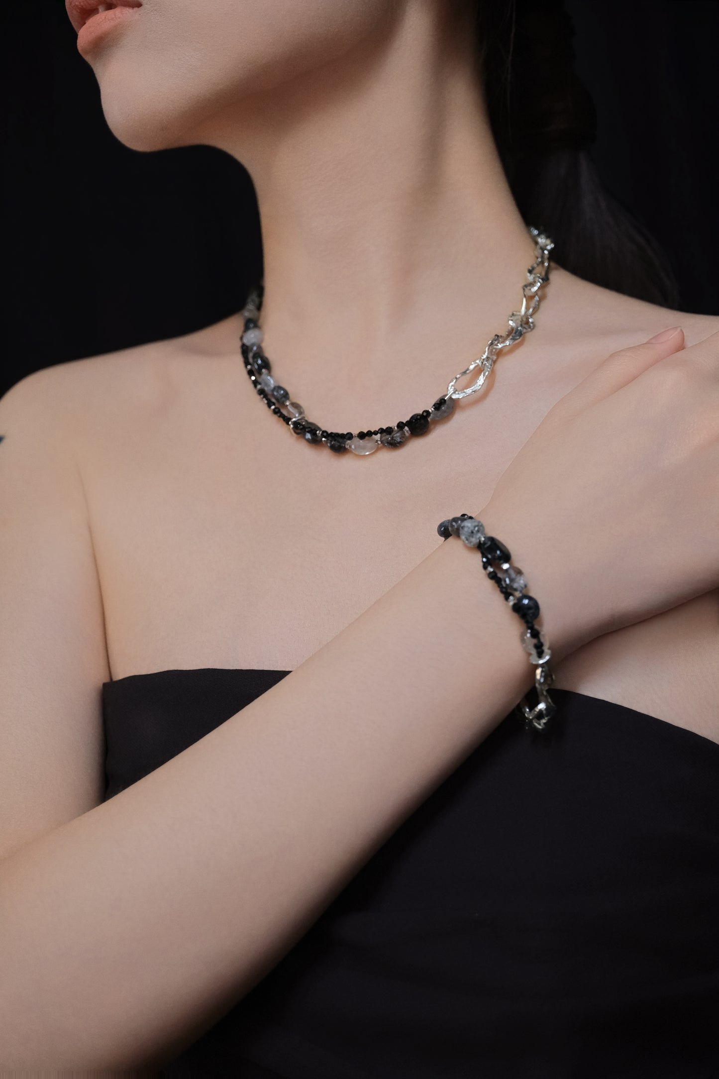 Li Crystal Twilight Star River Silver Circle Mixed Black Rutilated Quartz Silver Bracelet