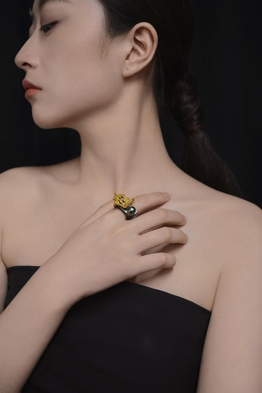 Ember Wing Rebirth Tahitian Pearl Ebony Ring Gold