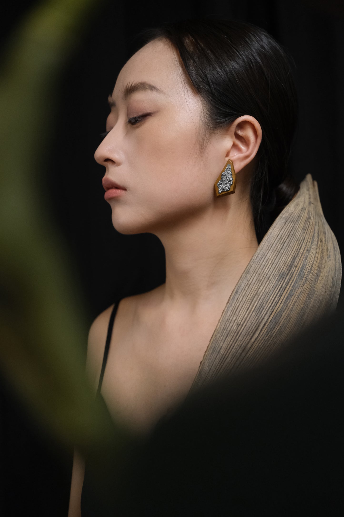 Refracted Light Asymmetric Large Ear Stud Golden Nanmu Wood Antiqued