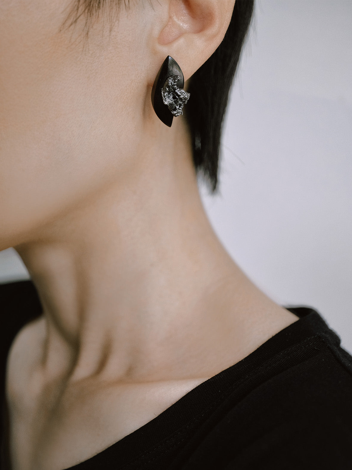 Spirit Wing Floating Shadow Small Ear Stud Ebony Silver Antiqued Black