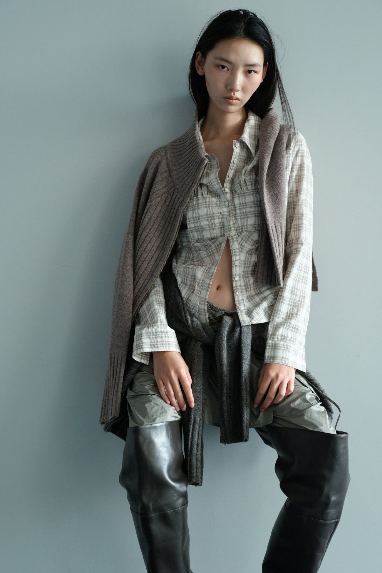 BUSTIER CHECK SHIRT / BEIGE