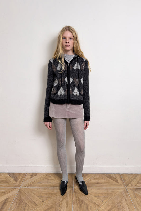 HEART ARGYLE JACQUARD HOOD ZIP UP