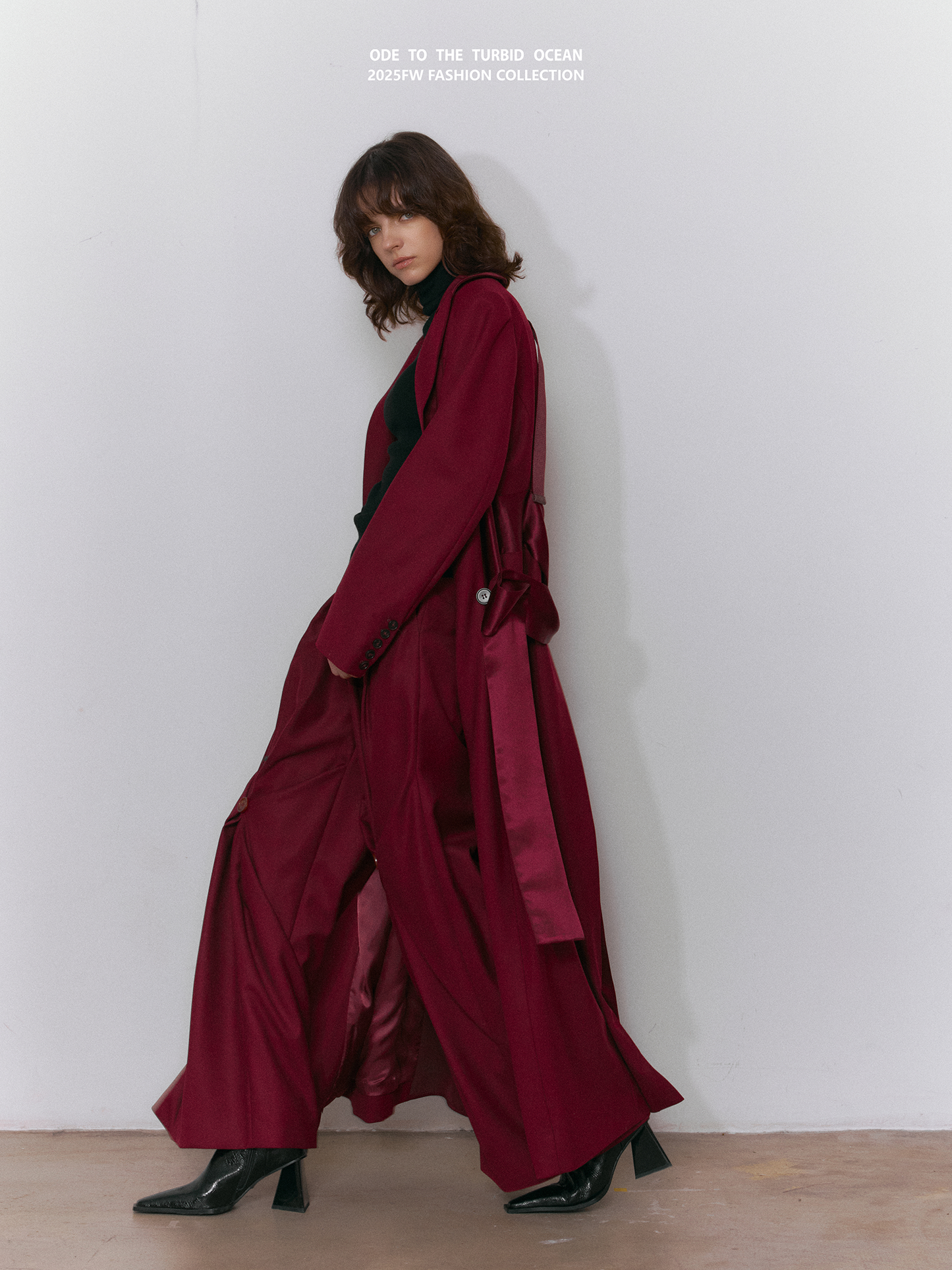 ODE TO THE TURBID OCEAN Extra Long Waist Cinched Blazer Coat, Padded Shoulder Long Coat for Tall Women