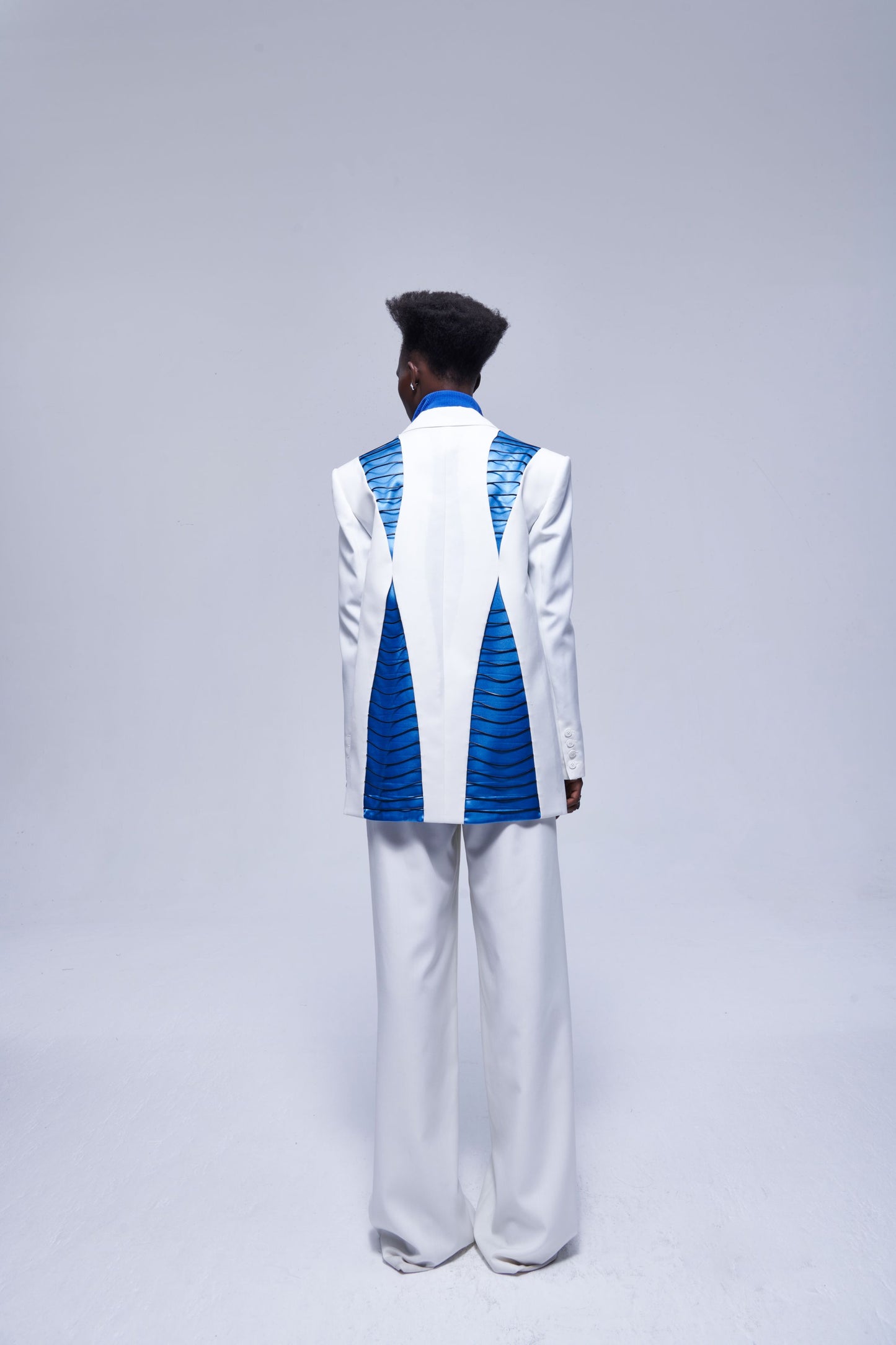 White And Blue Color Block Suit Jacket