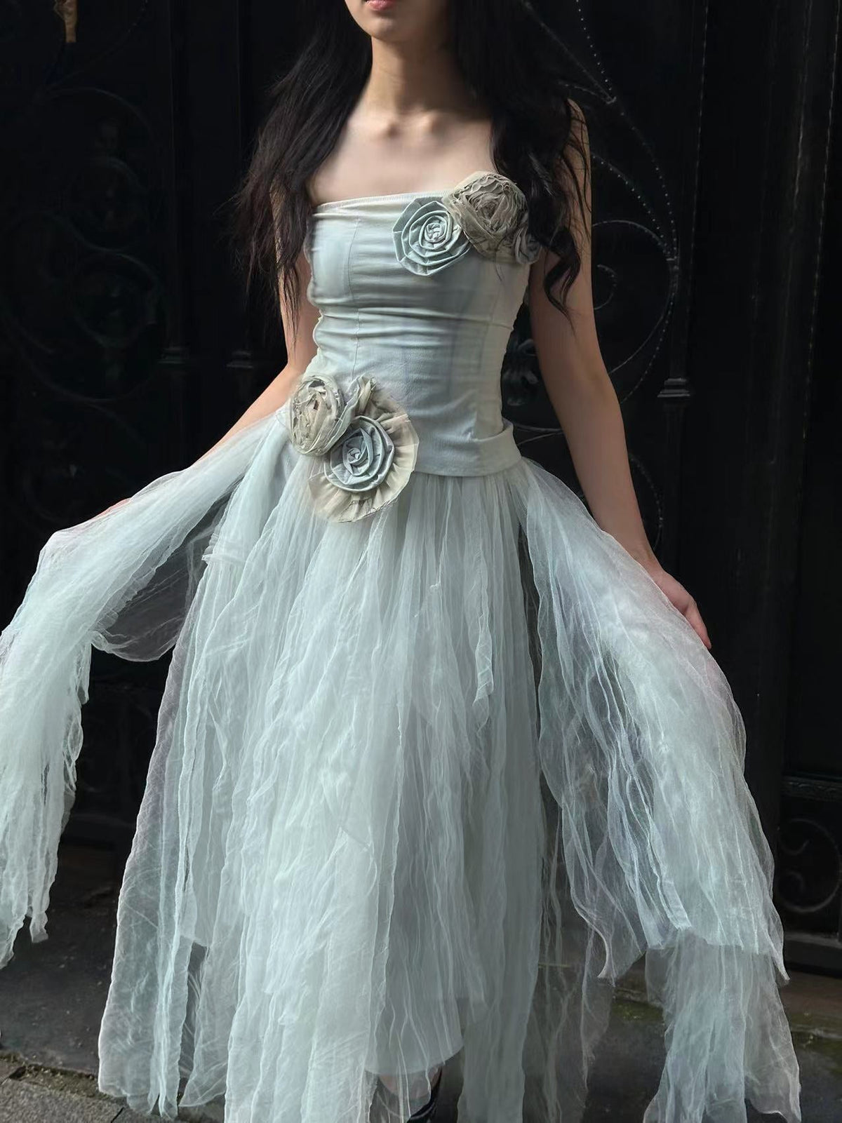 BY COOKIE H. sculptural floral dress with flowing tulle