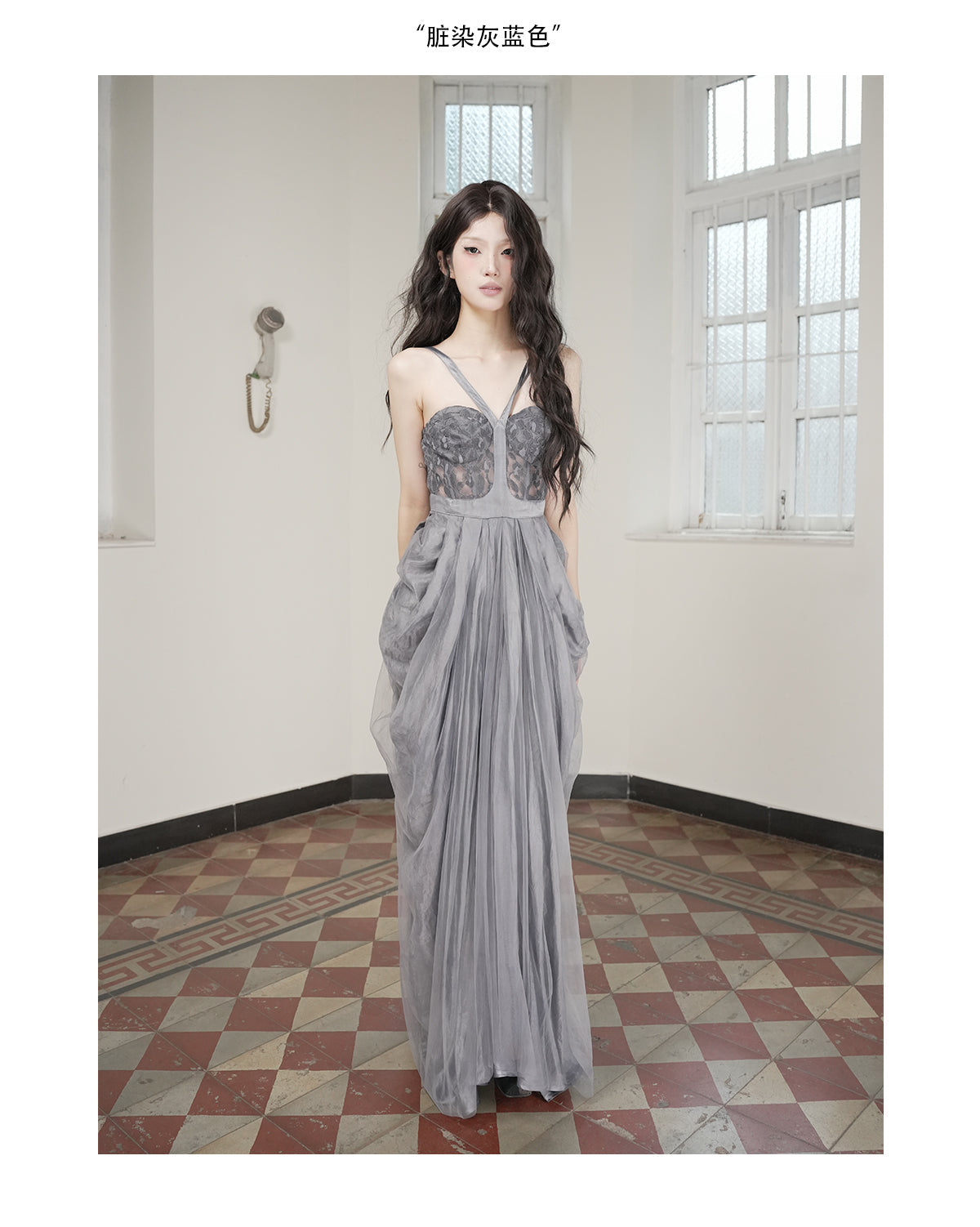 Hollow Floral Vase Dress Tea-Dyed Ash Blue