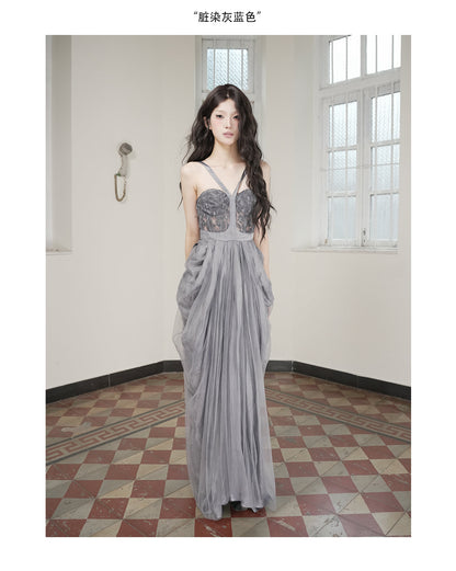 Hollow Floral Vase Dress Tea-Dyed Ash Blue