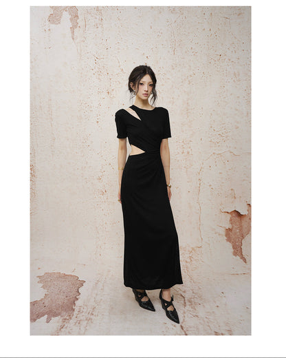 Deconstructed Openwork Knit Maxi Dress Black