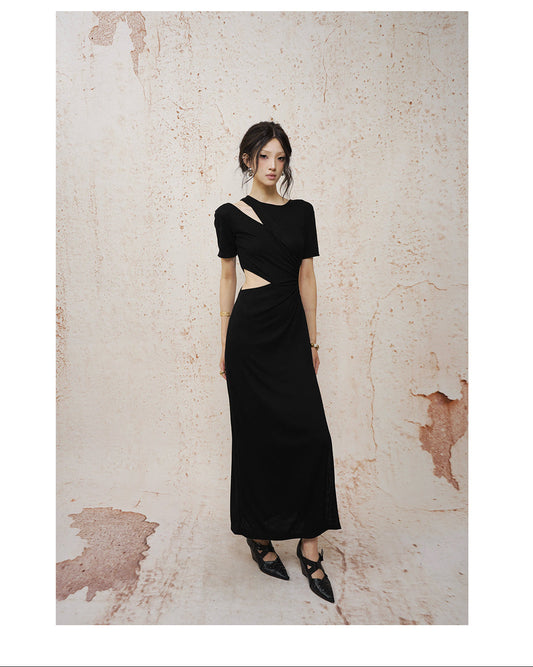 Deconstructed Openwork Knit Maxi Dress Black