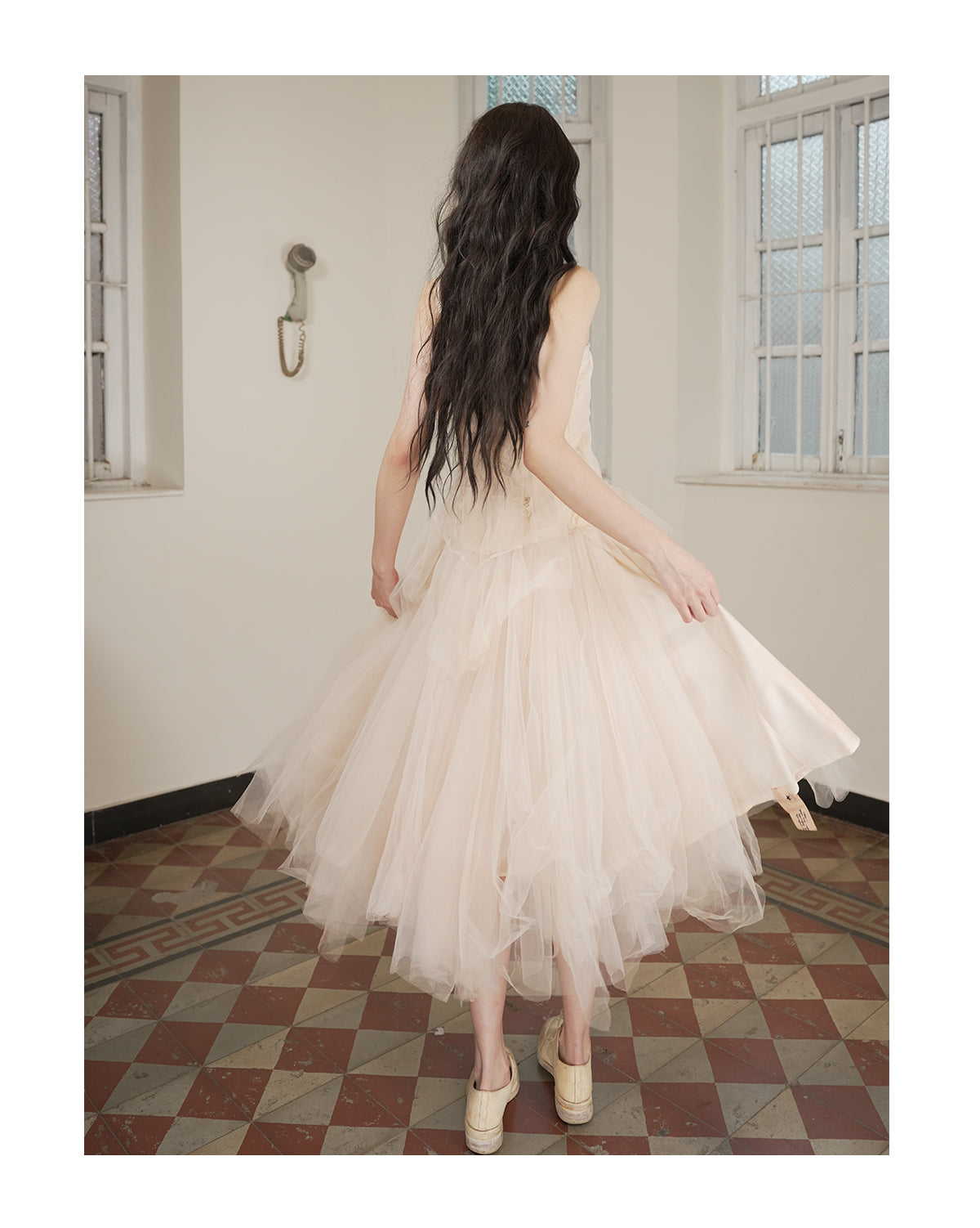 Patchwork Memory Tulle Strapless Dress Tea-Dyed Light Brown