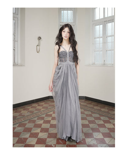 Hollow Floral Vase Dress Tea-Dyed Ash Blue