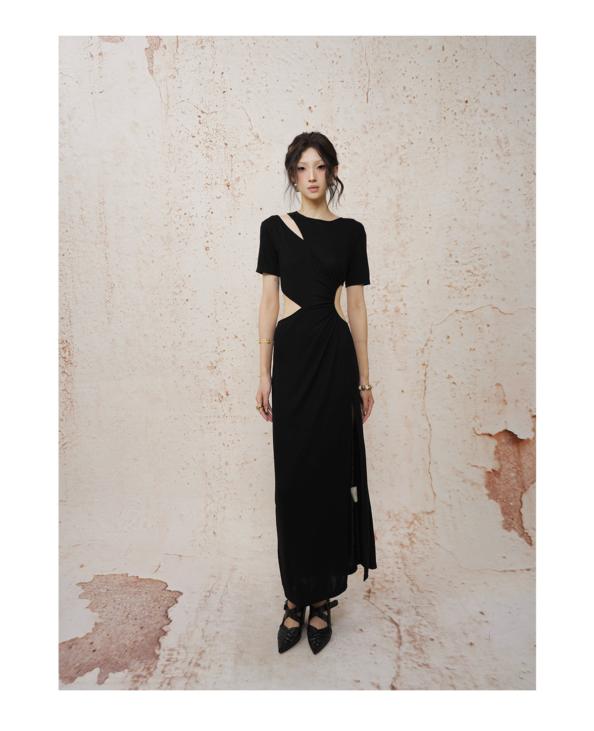 Deconstructed Openwork Knit Maxi Dress Black