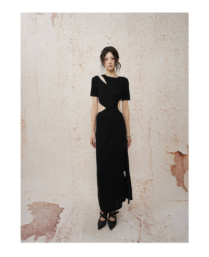 Deconstructed Openwork Knit Maxi Dress Black