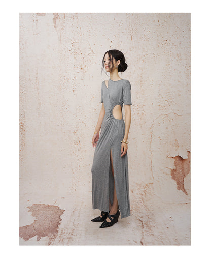 Deconstructed Openwork Knit Maxi Dress Grey