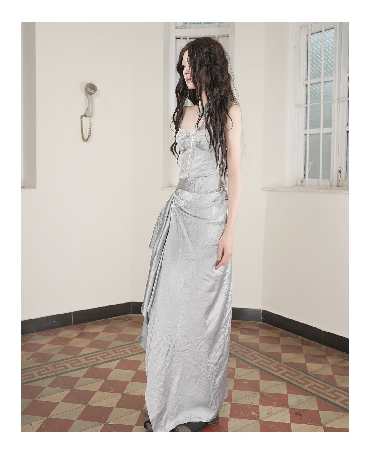 Strapless Patchwork Maxi Bodycon Dress Tie-Dye Grey Blue