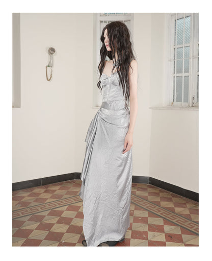 Strapless Patchwork Maxi Bodycon Dress Tie-Dye Grey Blue