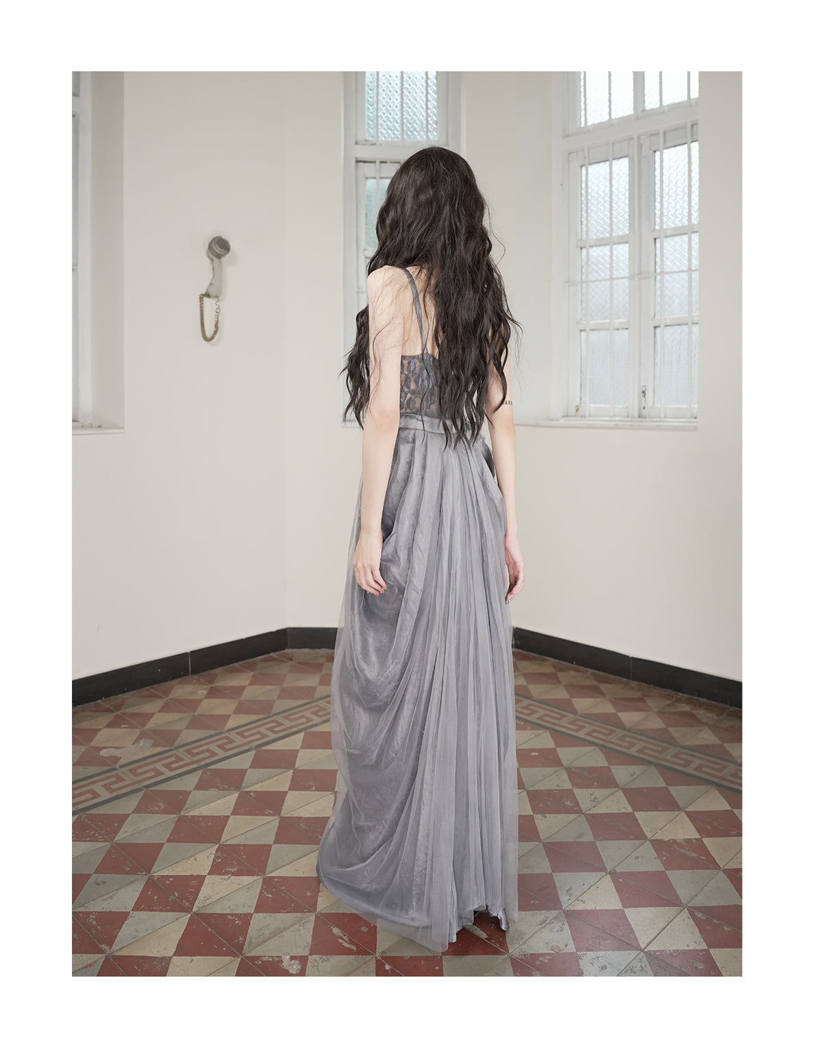 Hollow Floral Vase Dress Tea-Dyed Ash Blue