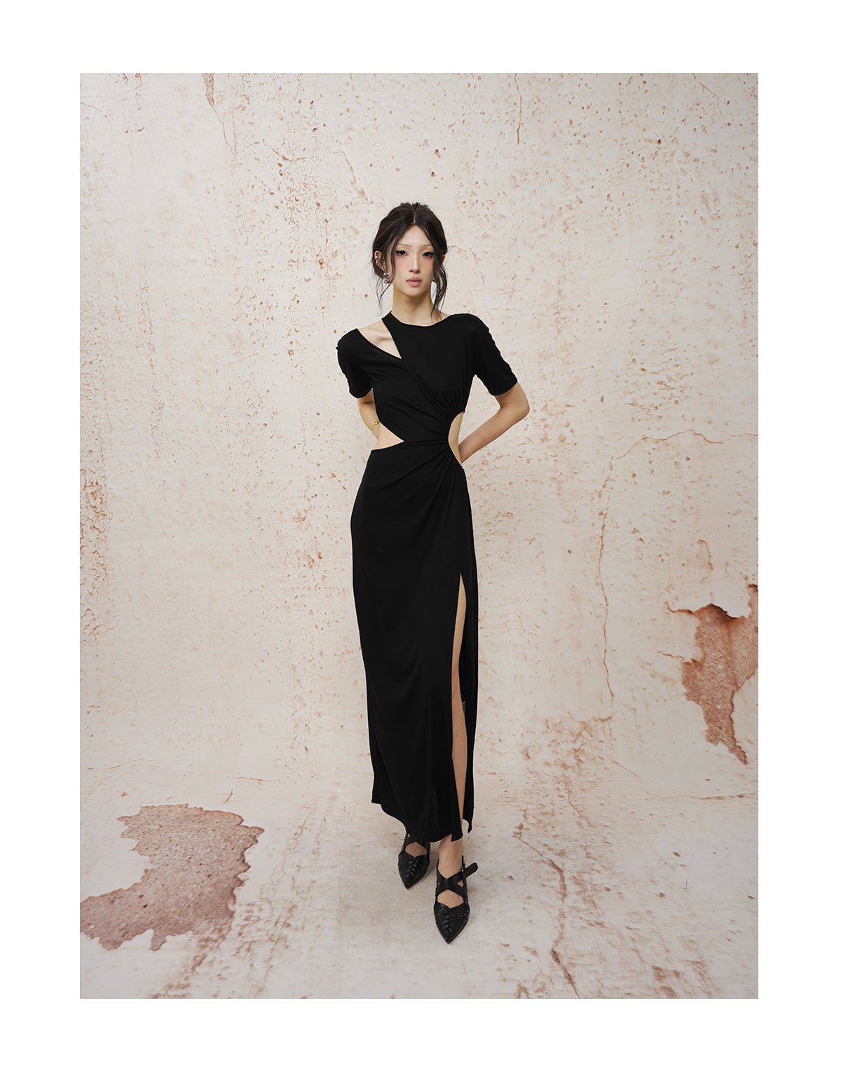 Deconstructed Openwork Knit Maxi Dress Black