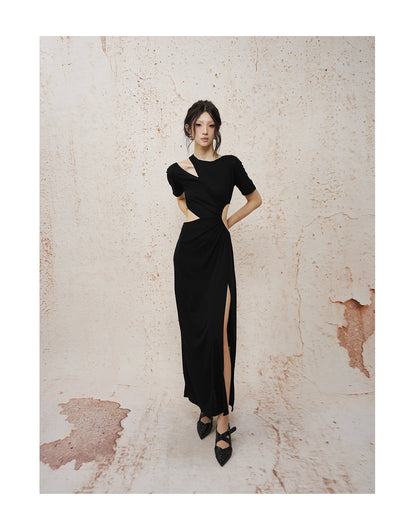 Deconstructed Openwork Knit Maxi Dress Black