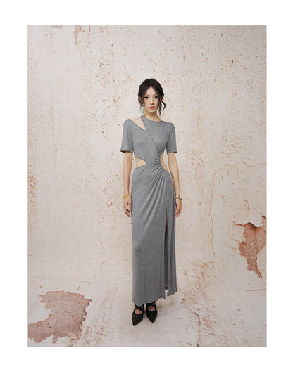 Deconstructed Openwork Knit Maxi Dress Grey