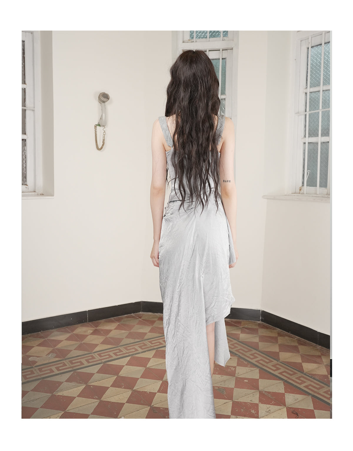 Strapless Patchwork Maxi Bodycon Dress Tie-Dye Grey Blue