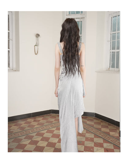 Strapless Patchwork Maxi Bodycon Dress Tie-Dye Grey Blue