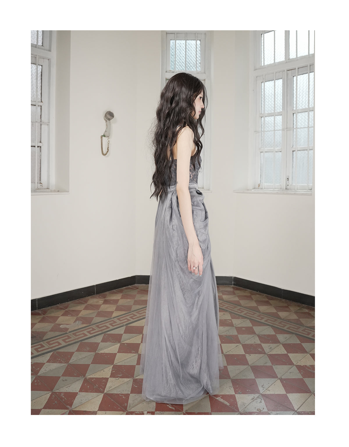 Hollow Floral Vase Dress Tea-Dyed Ash Blue