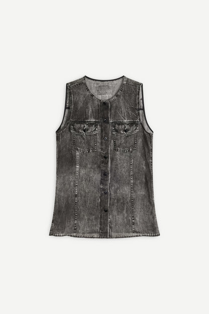 Longline Denim-Print Ramie Tank