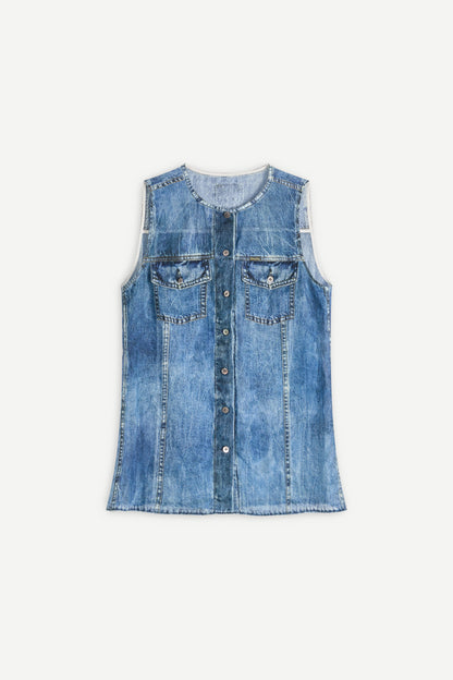 Longline Denim-Print Ramie Tank