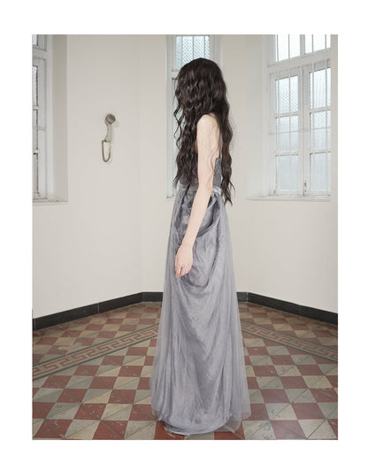 Hollow Floral Vase Dress Tea-Dyed Ash Blue