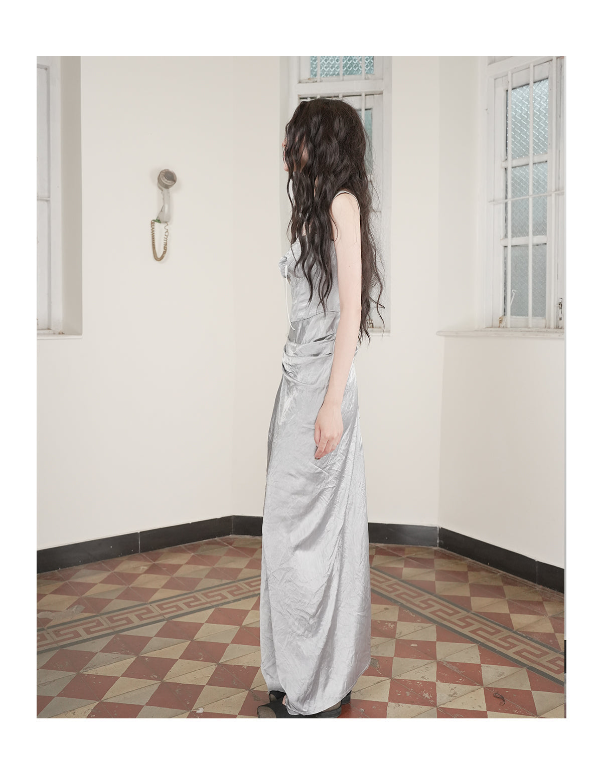 Strapless Patchwork Maxi Bodycon Dress Tie-Dye Grey Blue