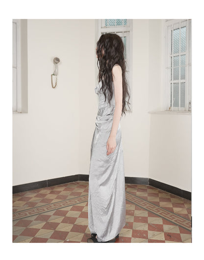 Strapless Patchwork Maxi Bodycon Dress Tie-Dye Grey Blue