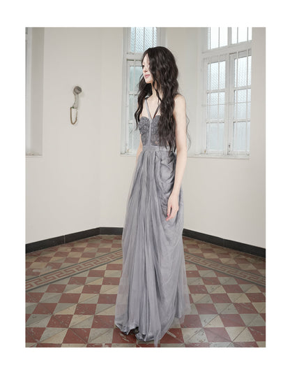 Hollow Floral Vase Dress Tea-Dyed Ash Blue
