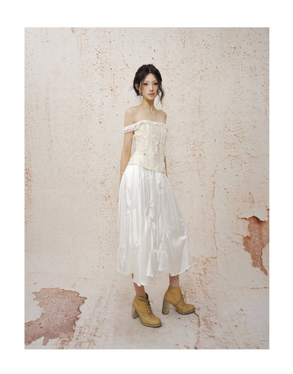 One-Shoulder Jacquard Bustier Top White