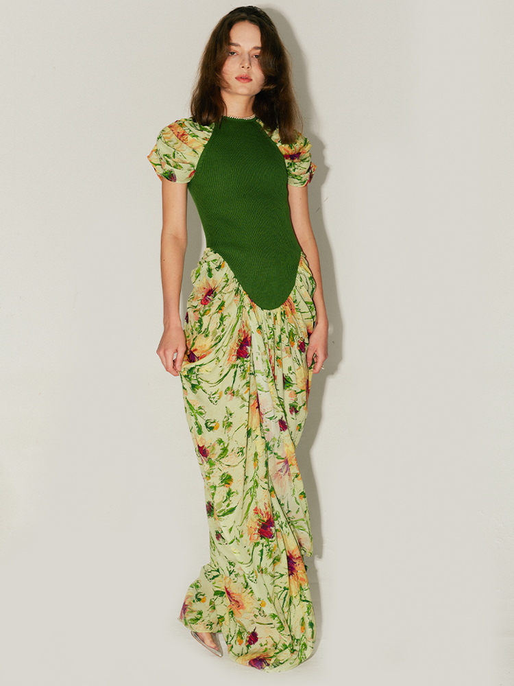 MIAOYAN24 Spring/Summer Original Knitted Printed Pleated Sleeve Slim Fit Dress