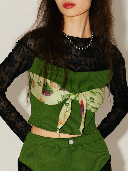 MIAOYAN24 Spring/Summer Green Knitted Lace Patchwork Original Printed Belted Top
