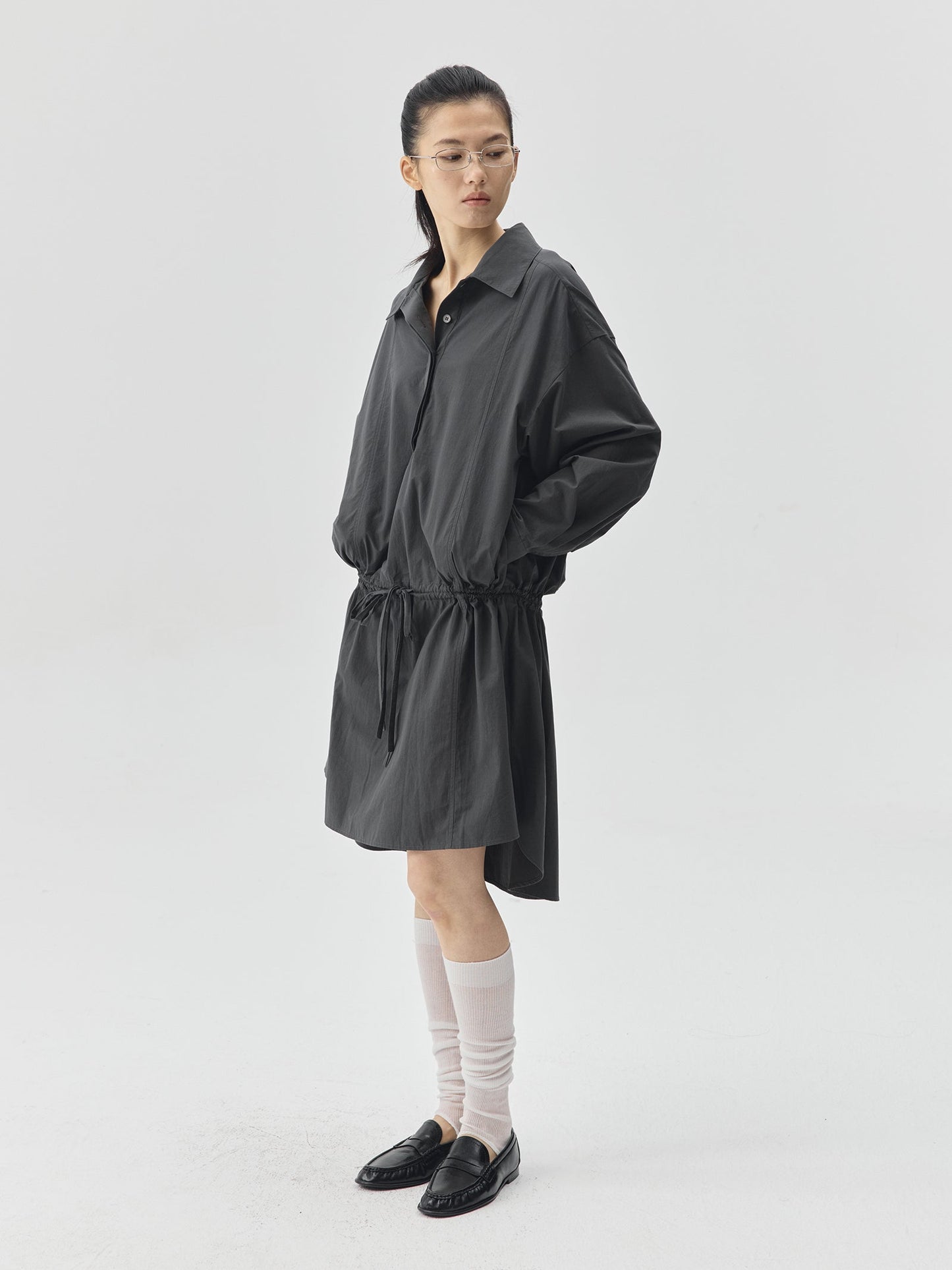 Loosen Form Drawstring Shirt Dress