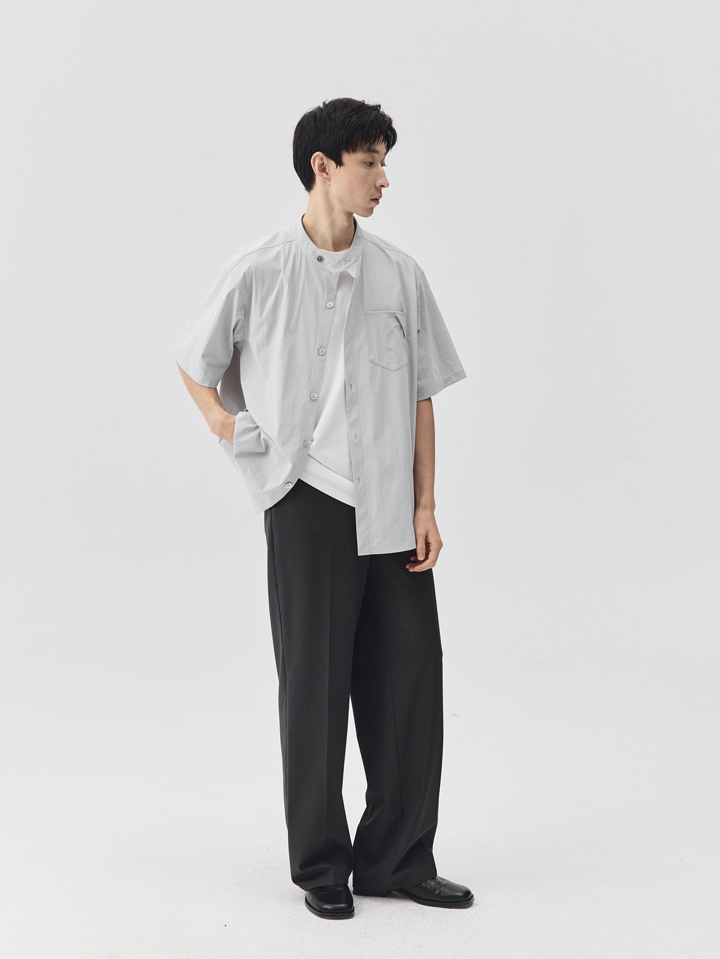 Relaxed Stand Collar Short-Sleeve Shirt
