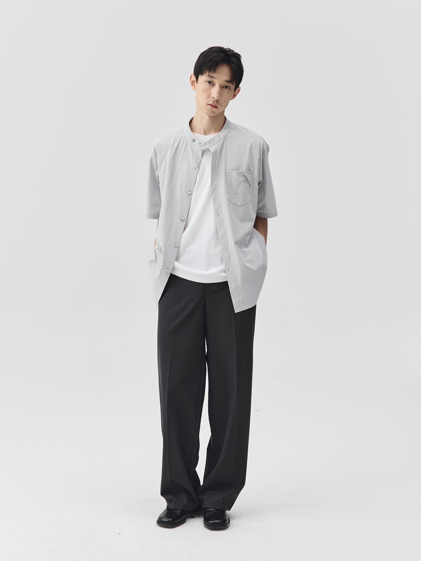 Relaxed Stand Collar Short-Sleeve Shirt